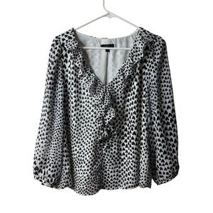 J Crew Ivory Heart Print Graphic Ruffle Long Sleeve Blouse